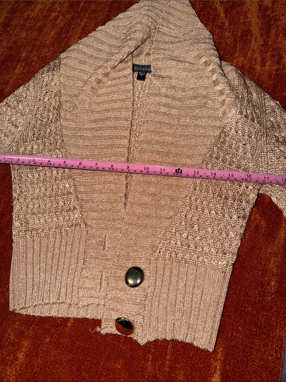 bebe Metallic RoseGold Knit Shawl Collar Cardigan with Gold Buttons | S | Used - Picture 10 of 13